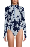 Lands' End Chlorine Resistant Zip Front Long Sleeve Tugless Sporty One Piece Swimsuit In Deep Sea Navy/white Lilies