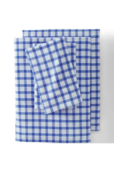 Lands' End Comfy Super Soft Cotton Flannel Plaid Bed Sheet Set - 5oz In Blue