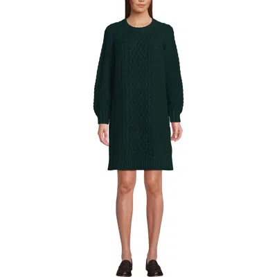 Lands' End Cotton Blend Cable Crew Neck Sweater Dress In Deep Forest