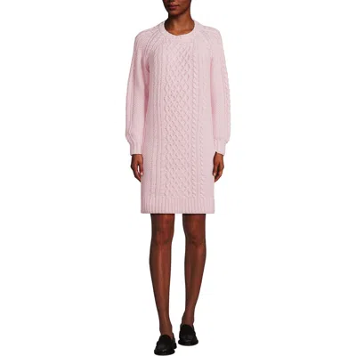 Lands' End Cotton Blend Cable Crew Neck Sweater Dress In Pink Fog