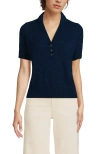 Lands' End Cotton Blend Short Sleeve Polo Sweater In Blue
