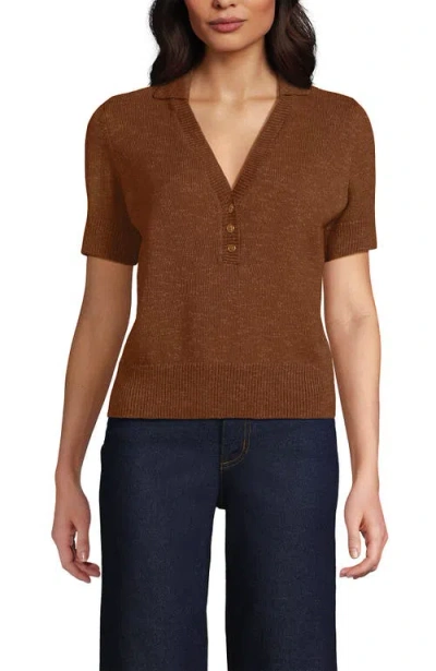 Lands' End Cotton Blend Short Sleeve Polo Sweater In Brown