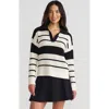 Lands' End Cotton Boucle Johnny Collar Textured Sweater In Ivory/black Stripe