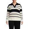 Lands' End Plus Size Cotton Boucle Johnny Collar Shaker Pullover In Ivory/black Stripe