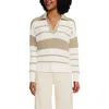 Lands' End Cotton Boucle Johnny Collar Textured Sweater In Ivory/champagne Stripe