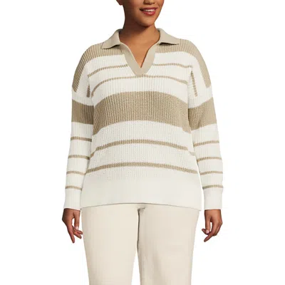 LANDS' END LANDS' END PLUS SIZE COTTON BOUCLE JOHNNY COLLAR TEXTURED SWEATER