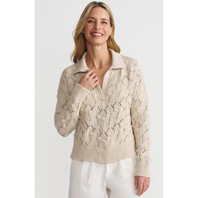 Lands' End Cotton Boucle Johnny Collar Textured Sweater In Oatmeal