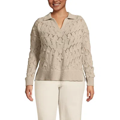 Lands' End Plus Size Cotton Boucle Johnny Collar Shaker Pullover In Oatmeal