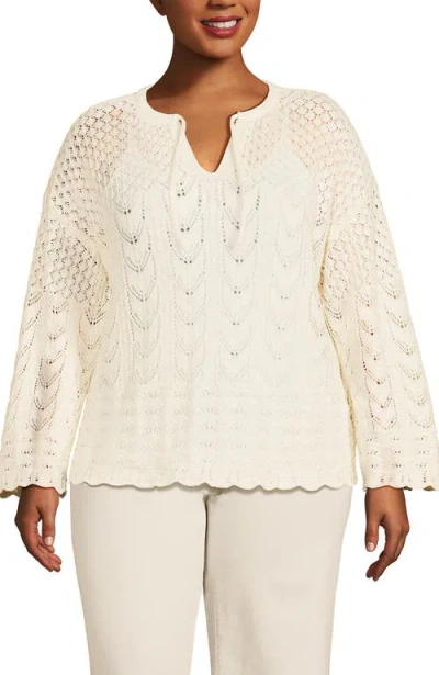 Lands' End Cotton Boucle Pointelle Notch Neck Sweater