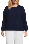 Lands' End Plus Size Aran Cable Crew Neck Sweater In Deep Sea Navy