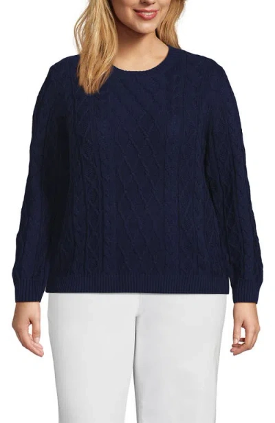 Lands' End Plus Size Aran Cable Crew Neck Sweater In Deep Sea Navy
