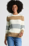 Lands' End Cotton Drifter Crew Cable Pullover Sweater In Fresh Pecan/gray Wide Stripe