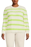 Lands' End Plus Size Aran Cable Crew Neck Sweater In Ivory/limoncello Gulf Stripe