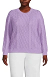 Lands' End Plus Size Aran Cable Crew Neck Sweater In Lilac Petal