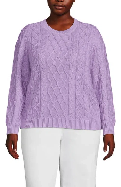 Lands' End Plus Size Aran Cable Crew Neck Sweater In Lilac Petal
