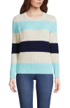 Lands' End Cotton Drifter Crew Cable Pullover Sweater In Pale Aqua Ice Even Stripe