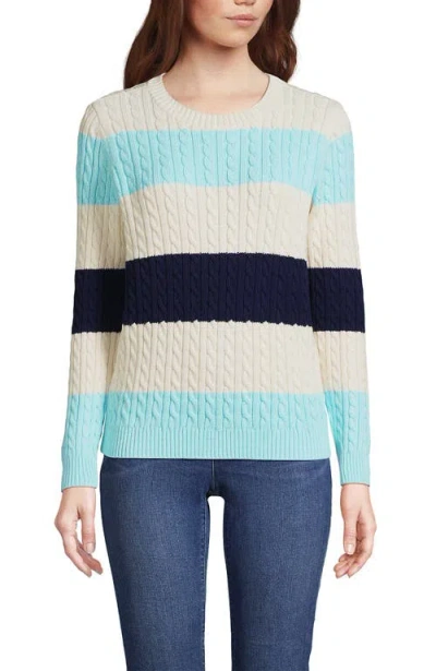 Shop Lands' End Cotton Drifter Crew Cable Pullover Sweater In Pale Aqua Ice Even Stripe