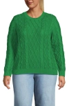 Lands' End Cotton Drifter Crew Cable Pullover Sweater In Vibrant Clover