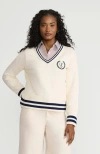 Lands' End Cotton Drifter Shaker V-neck Sweater In Fresh Ivory Navy Tipping