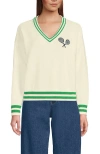 Lands' End Cotton Drifter Shaker V-neck Sweater In Fresh Ivory/clover Tip