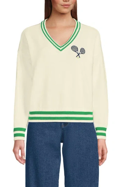 Lands' End Cotton Drifter Shaker V-neck Sweater In Fresh Ivory/clover Tip