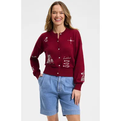 Lands' End Cotton Embellished Cardigan Sweater In Burgundy