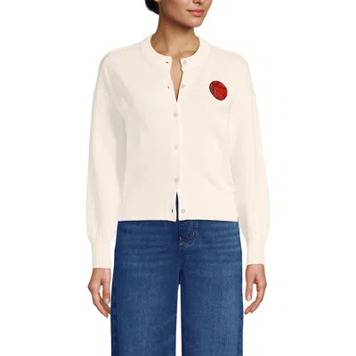 Lands' End Cotton Embellished Cardigan Sweater In White