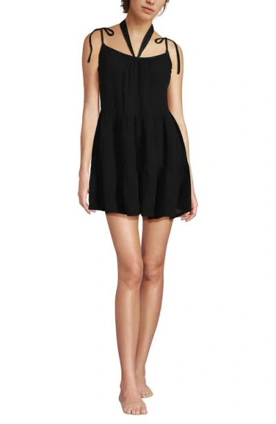Lands' End Cotton Gauze Metallic Tiered Mini Cover-up Dress In Black