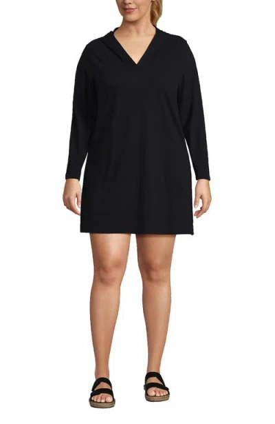 Lands' End Cotton Jersey Long Sleeve Hooded Swim Cover-up Dress In Black