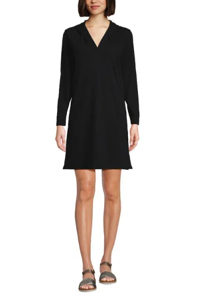 Lands' End Cotton Jersey Long Sleeve Hooded Swim Cover-up Dress In Black