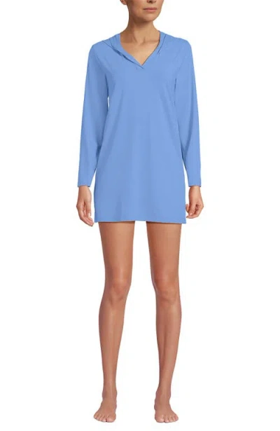 Lands' End Cotton Jersey Long Sleeve Hooded Swim Cover-up Dress In Blue