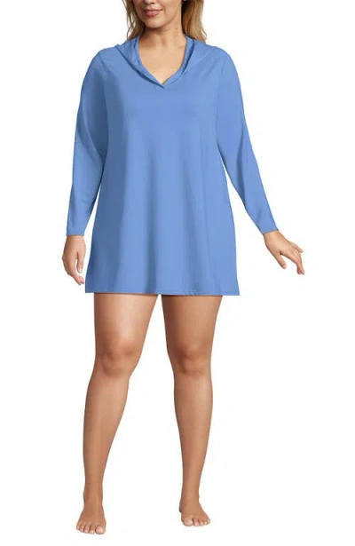 Lands' End Cotton Jersey Long Sleeve Hooded Swim Cover-up Dress In Blue