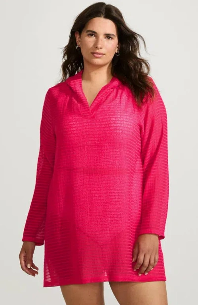 Lands' End Cotton Jersey Long Sleeve Hooded Swim Cover-up Dress In Coral Rose