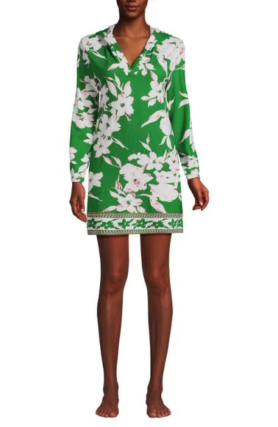Lands' End Cotton Jersey Long Sleeve Hooded Swim Cover-up Dress In Fresh Grass Flower Border