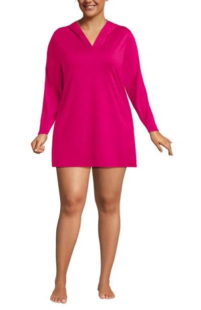 Lands' End Cotton Jersey Long Sleeve Hooded Swim Cover-up Dress In Pink