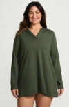 Lands' End Cotton Jersey Long Sleeve Hooded Swim Cover-up Dress In Rich Olive Green