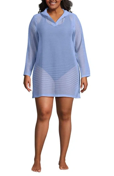 Lands' End Cotton Jersey Long Sleeve Hooded Swim Cover-up Dress In Soft Cloud Blue