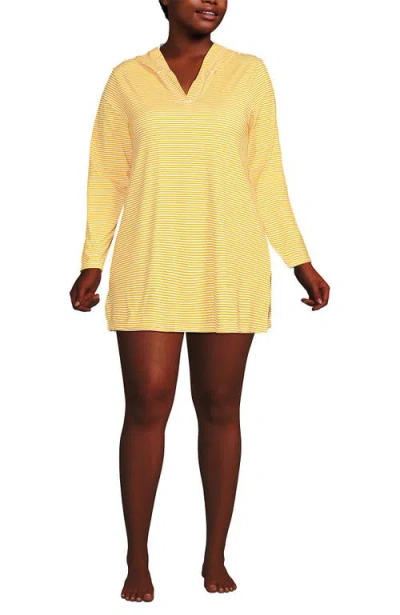 Shop Lands' End Cotton Jersey Long Sleeve Hooded Swim Cover-up Dress In Sweet Mango Mini Stripe