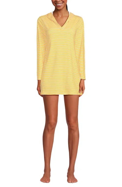 Lands' End Cotton Jersey Long Sleeve Hooded Swim Cover-up Dress In Sweet Mango Mini Stripe