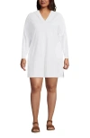 Lands' End Plus Size Cotton Jersey Long Sleeve Hooded Swim Cover-up Dress In White