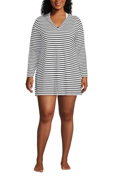 Lands' End Cotton Jersey Long Sleeve Hooded Swim Cover-up Dress In White/black Stripe