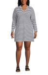 Lands' End Plus Size Terry Hooded Mini Swim Cover-up Dress In White/deep Sea Stripe