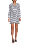 Lands' End Cotton Jersey Long Sleeve Hooded Swim Cover-up Dress In White/deep Sea Stripe