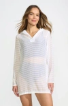 Lands' End Cotton Jersey Long Sleeve Hooded Swim Cover-up Dress In White/white