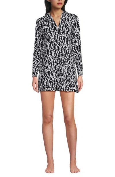 Lands' End Cotton Jersey Long Sleeve Hooded Swim Cover-up Dress In Black