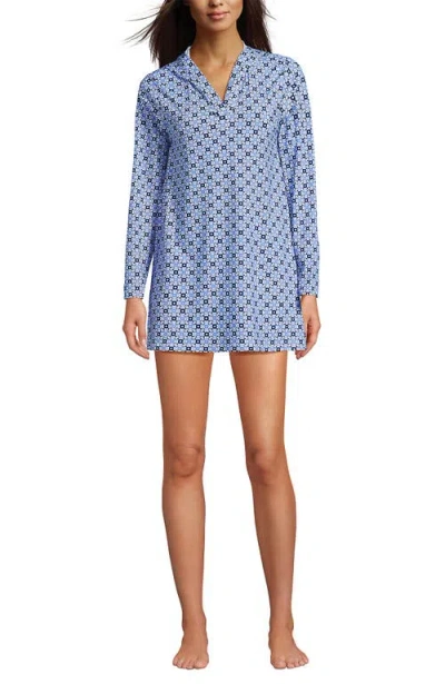 Lands' End Cotton Jersey Long Sleeve Hooded Swim Cover-up Dress In Blue