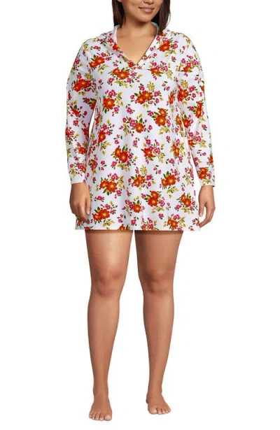 Lands' End Cotton Jersey Long Sleeve Hooded Swim Cover-up Dress In Multi