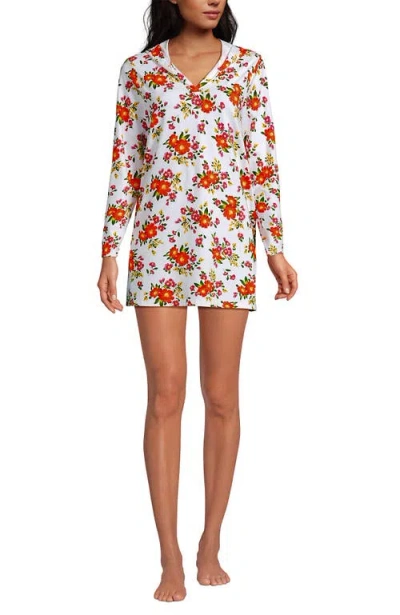 Lands' End Cotton Jersey Long Sleeve Hooded Swim Cover-up Dress In Pattern