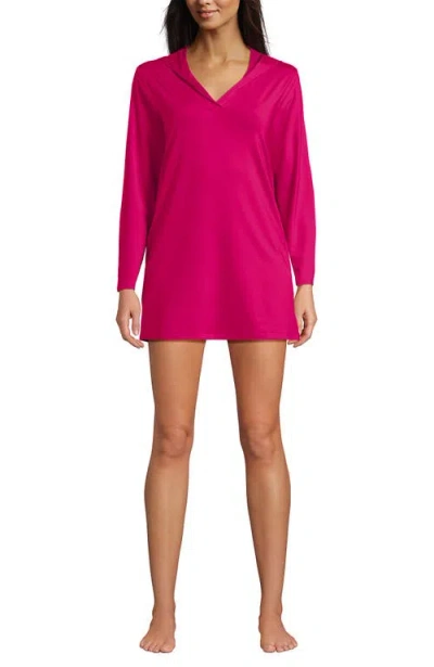 Lands' End Cotton Jersey Long Sleeve Hooded Swim Cover-up Dress In Pink