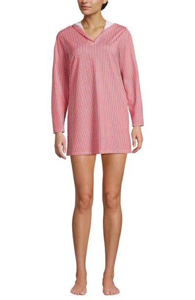 Lands' End Cotton Jersey Long Sleeve Hooded Swim Cover-up Dress In Red